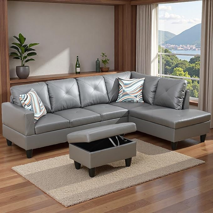Sectional Couches for Living Room with Movable Chaise & Storage Ottoman - 97.5" Leather L Shaped Couches for Living Room Apartment, 4 Seat Home Furniture Modular Sectional Sofas, Grey