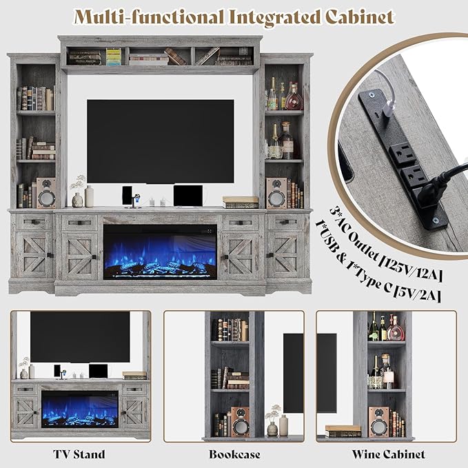 AMERLIFE 98in Farmhouse Entertainment Center with 36" Fireplace, TV Stand, Bookshelves, Wine Cabinet, Fits 75" TVs, Large Wall Unit Media Console with Power Outlets & Barn Doors, Living Room, Grey