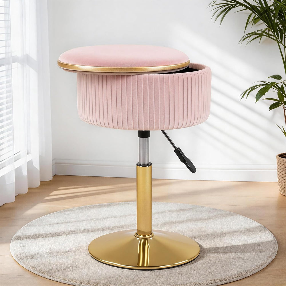 LITZFUR Adjustable Vanity Stool with Storage, 360° Swivel Gold Chair, Velvet ...