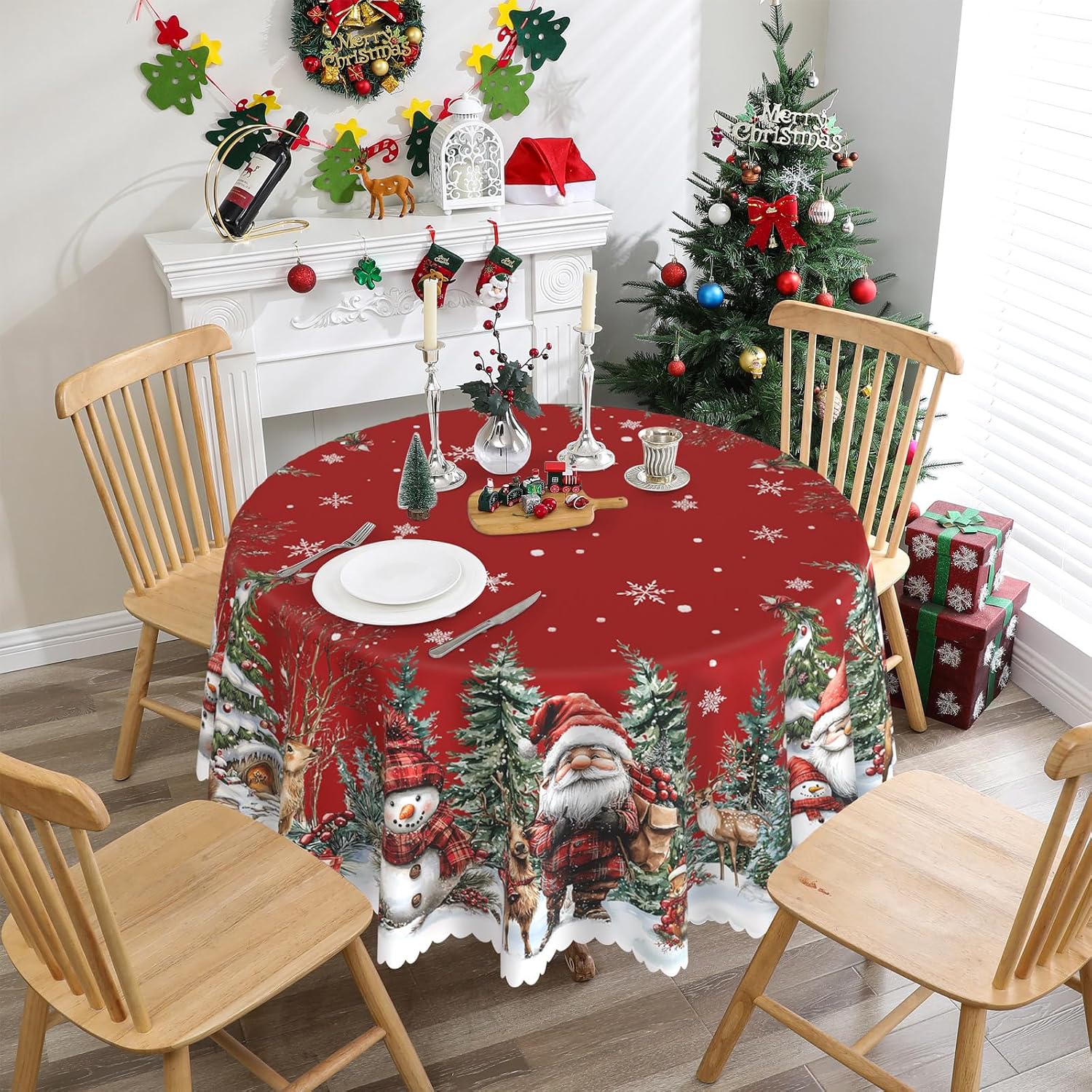 Round Christmas Tablecloth 70 inches - Santa Christmas Decor | Water Resistant Santa and Snowman Table Cloth - Holiday Xmas Decorations for Table, Party