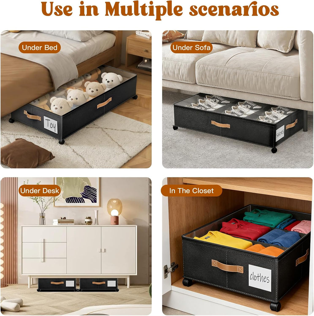 Under Bed Storage with Wheels, Rolling Under Bed Storage Containers with Clear Lid and Handles for Clothes, Shoes, Blankets, Pillows, Toys, Books, Bags (60L, 30.9 x 16.9 x 6.7in, Black, 2 Pack)