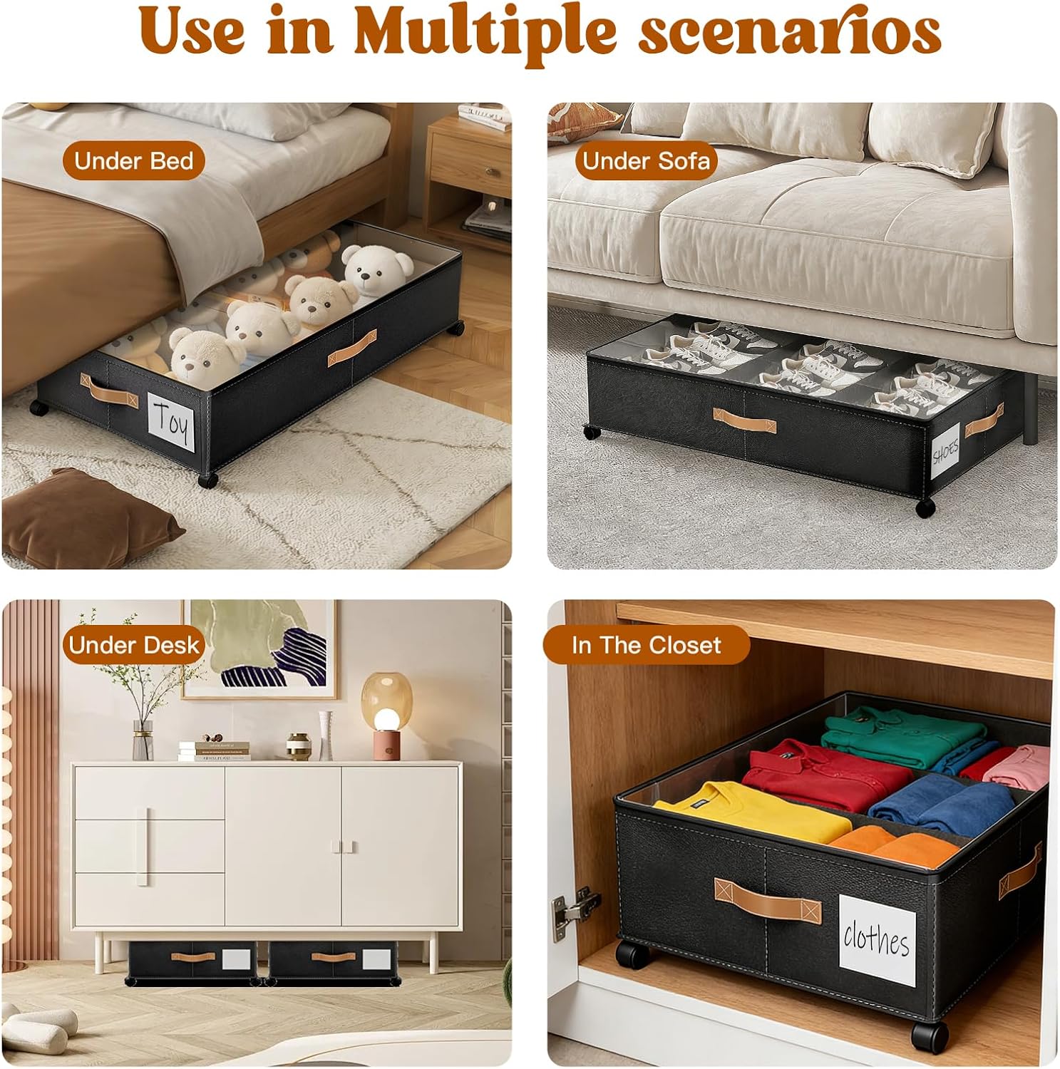 Under Bed Storage with Wheels, Rolling Under Bed Storage Containers with Clear Lid and Handles for Clothes, Shoes, Blankets, Pillows, Toys, Books, Bags (60L, 30.9 x 16.9 x 6.7in, Black, 2 Pack)