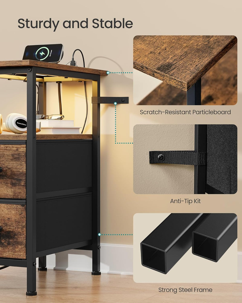 SONGMICS Side Table, Nightstand with Charging Station, End Table with LED Lig...