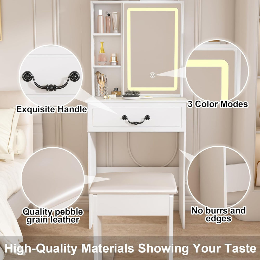 Small Makeup Vanity Desk with Mirror and Lights, Vanity Table Set with Storag...