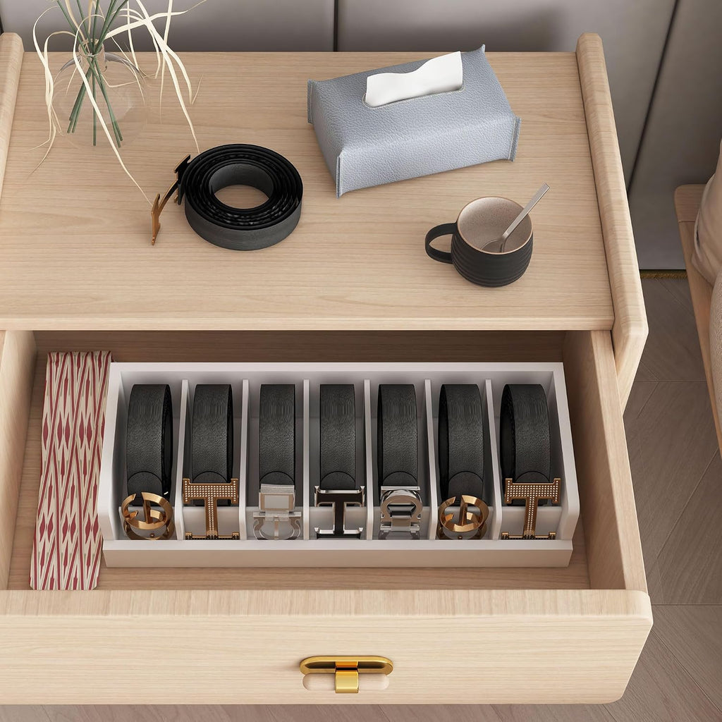 Belt Organizer for Drawer - Bamboo Belt Storage Organizer | Belt Rack for Closet Wall Mount Men Women Tie Sock Bra Scarf Ribbon(White, 2 * 7Grids)