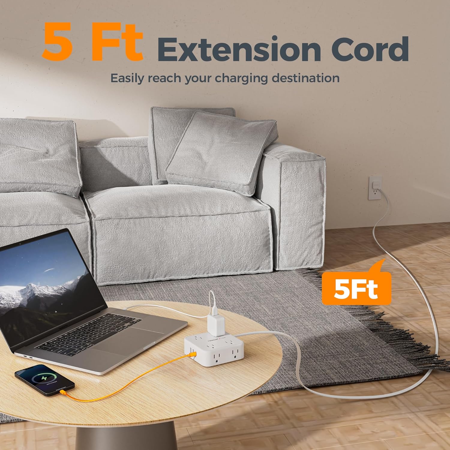 TESSAN Flat Plug Extension Cord, 5 Ft Surge Protector Power Strip with 3 USB (1 USB C) 8 Outlets, 900J Surge Protection, 3 Sided Outlet Extender with Power Switch for Dorm Room Essentials, White