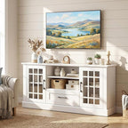 Giantex Farmhouse TV Stand for 65/70 Inch TV, Tall Entertainment Center with Storage Cabinets, Glass Doors, Drawer, Removable Shelves, Media TV Console Table for Living Room, Bedroom (White)