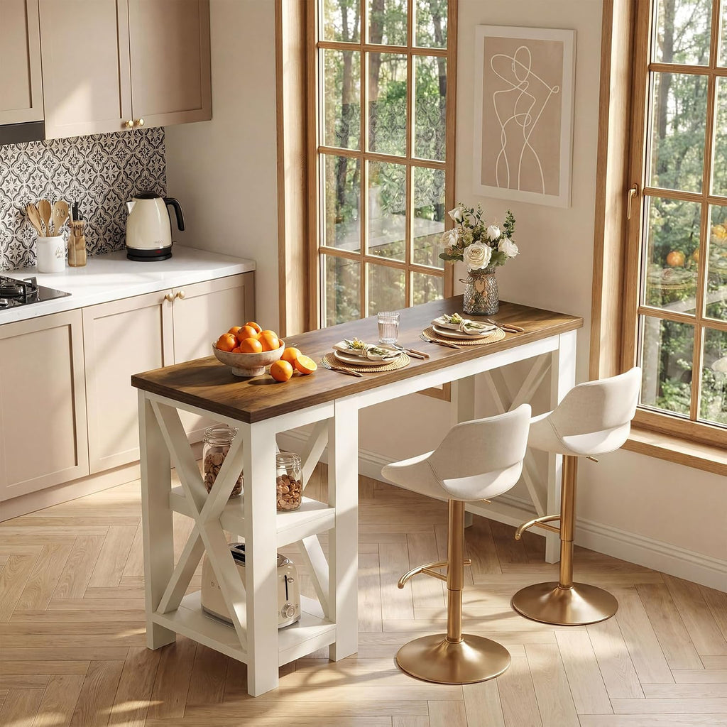 Tribesigns 62" Kitchen Island with Storage, Stationary Island Table | 2-Tier Open Storage Shelves, X-Frame Structure, Counter Height Table for Kitchen, Dining Room, Rustic Brown & White