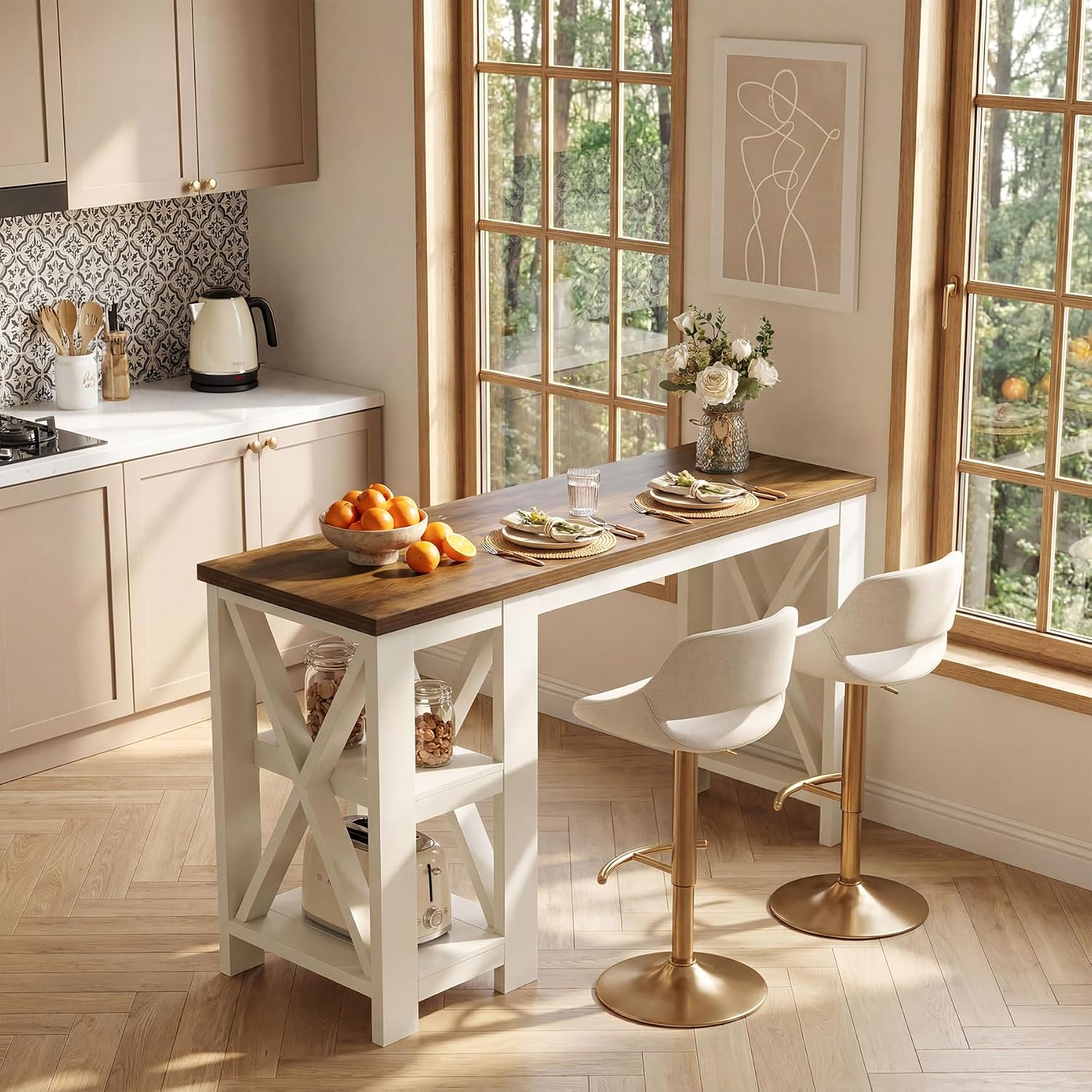 Tribesigns 62" Kitchen Island with Storage, Stationary Island Table | 2-Tier Open Storage Shelves, X-Frame Structure, Counter Height Table for Kitchen, Dining Room, Rustic Brown & White
