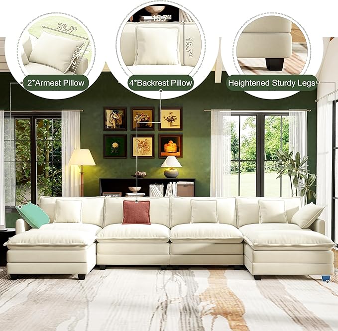146" Cloud Couch Sectional, U Shaped Modular Sectional Sofa, 4-Seat Deep Seat Couch with 6 Removable Washable Pillows and 2 Ottoman for Living Room, Bedroom, Apartment, Beige