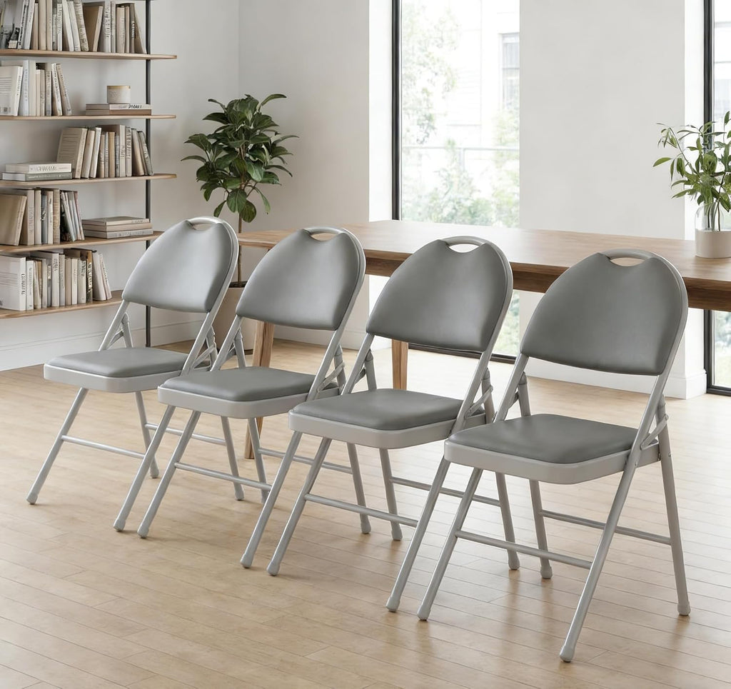 IDEALHOUSE 4 Pack Folding Chairs with PU Leather Padded Cushion, 350Lbs Capacity, Lightweight Ergonomic Design, Metal Frame, Indoor Outdoor Portable Stackable Seats for Home Office Party Events, Gray