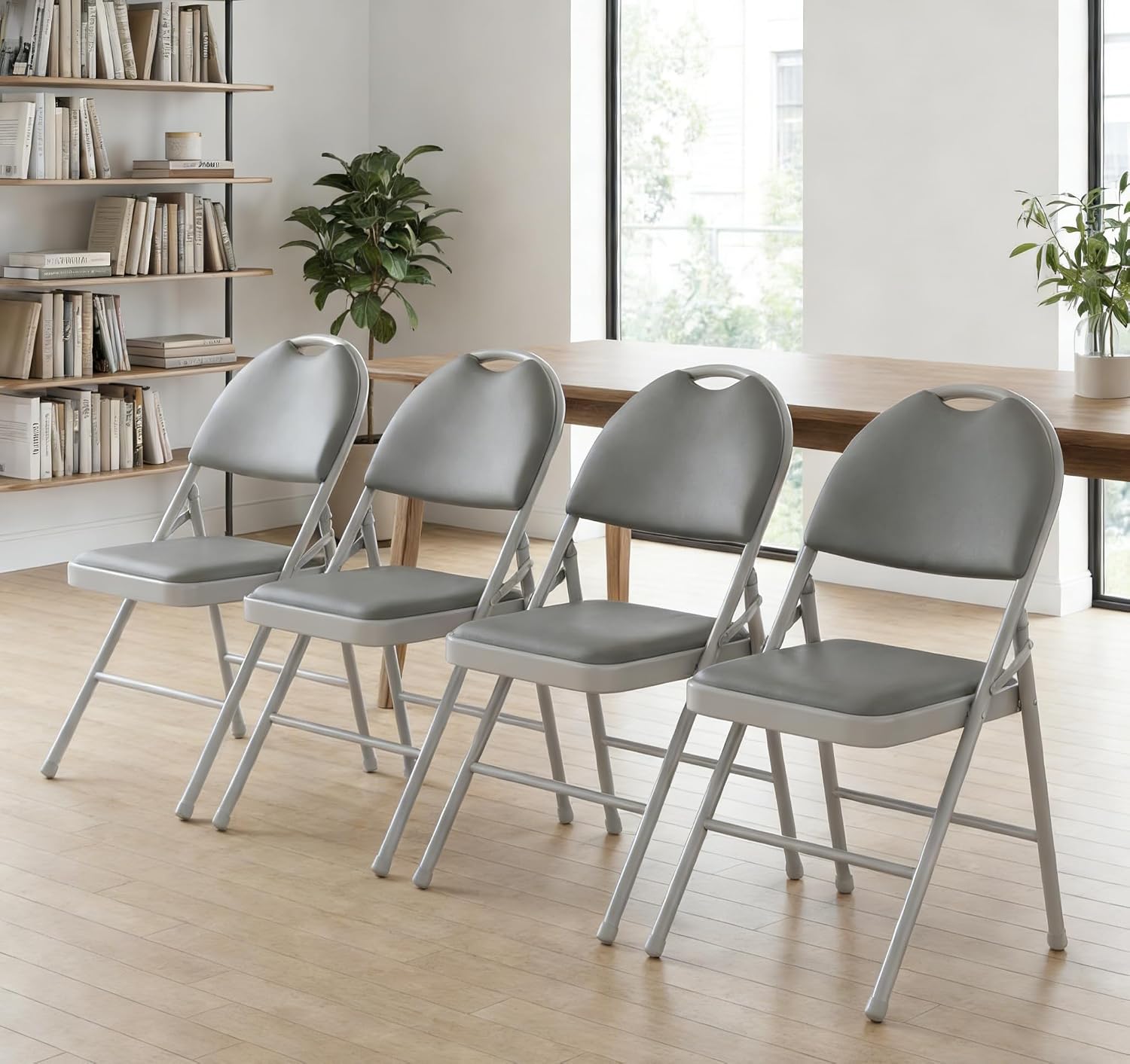 IDEALHOUSE 4 Pack Folding Chairs with PU Leather Padded Cushion, 350Lbs Capacity, Lightweight Ergonomic Design, Metal Frame, Indoor Outdoor Portable Stackable Seats for Home Office Party Events, Gray