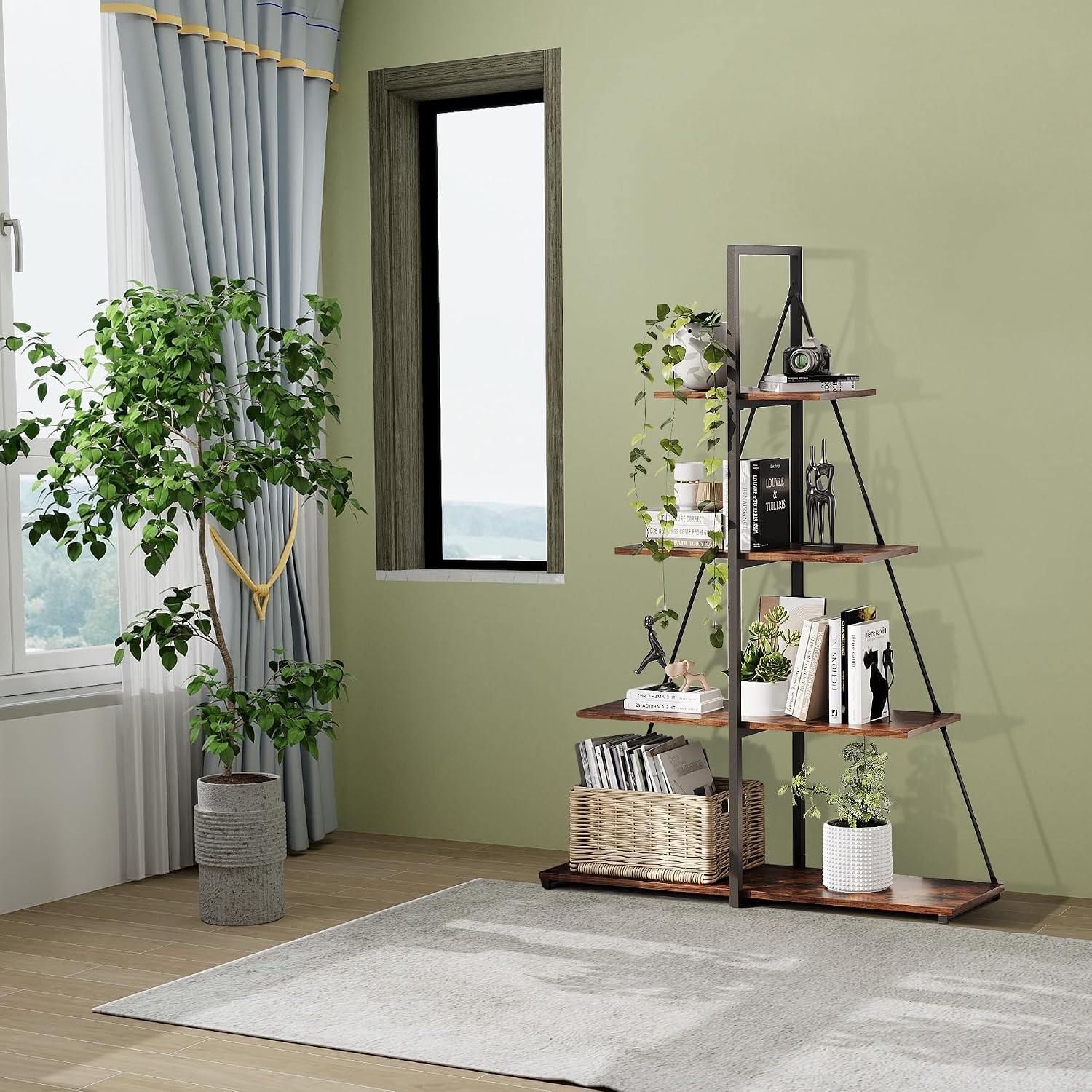 IDEALHOUSE 4-Tier A-Shaped Ladder Bookshelf, Industrial Metal Frame Storage Display Shelf, Tall Ladder Shelving Organizer with Black Iron & Retro Color Board for Living Room, Home Office