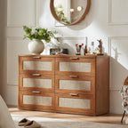LEYAOYAO Rattan 6 Drawer Dresser for Bedroom, 48" Wide Boho Chest of Drawers, Wooden Dressers TV Stand with Metal Handle, Storage Closet Organizer for Living Room, Hallway, Tea Brown