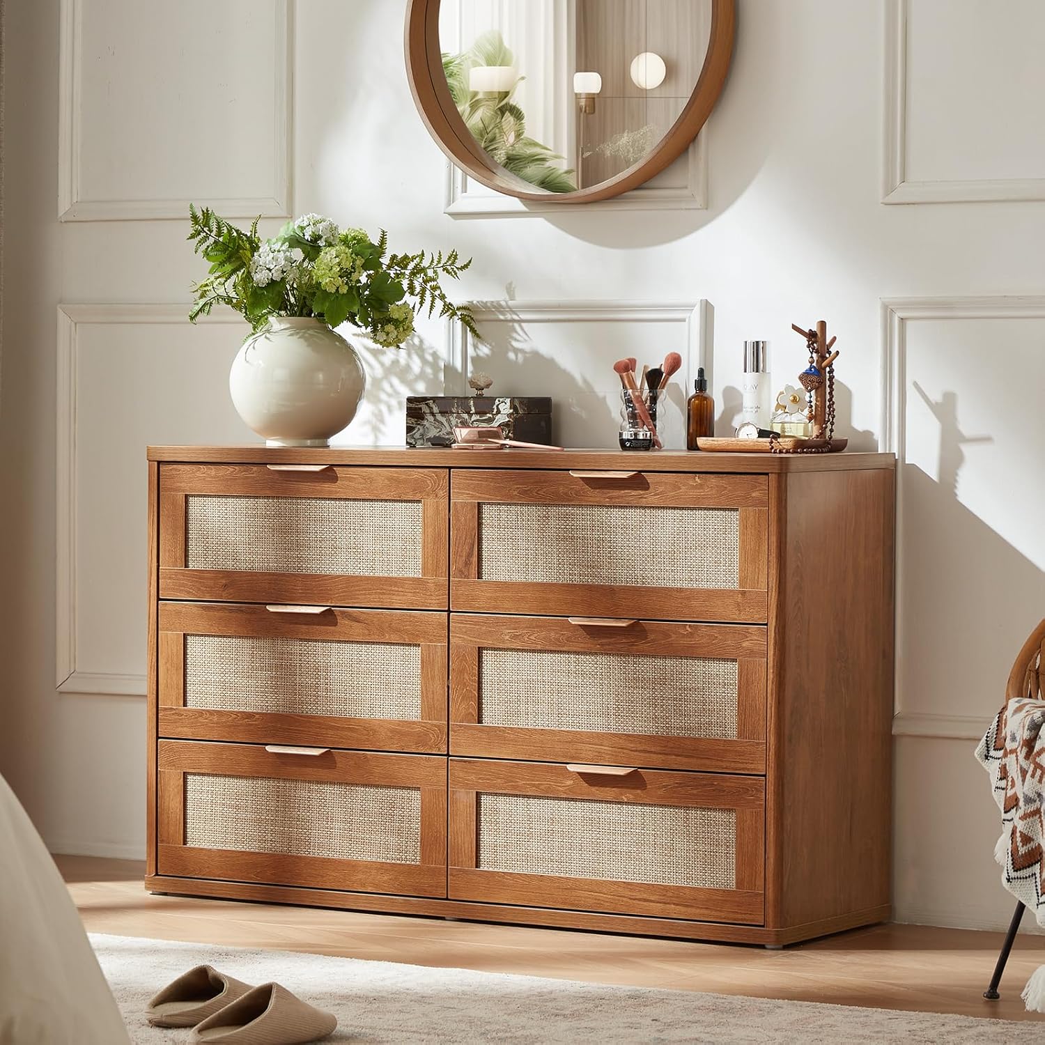 LEYAOYAO Rattan 6 Drawer Dresser for Bedroom, 48" Wide Boho Chest of Drawers, Wooden Dressers TV Stand with Metal Handle, Storage Closet Organizer for Living Room, Hallway, Tea Brown