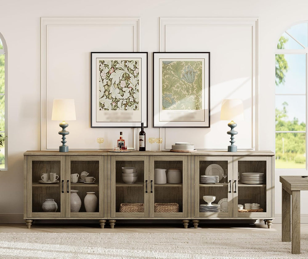 WAMAPT Farmhouse Sideboard Credenza with 6 Glass Doors, Large Coffee Bar Tabl...