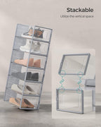 SONGMICS Shoe Boxes, Pack of 12 Shoe Storage Organizers, Stackable Clear Plastic Boxes for Closet, Sneakers, 13.1 x 9.1 x 5.6 Inches, Transparent and Gray ULSP006G12