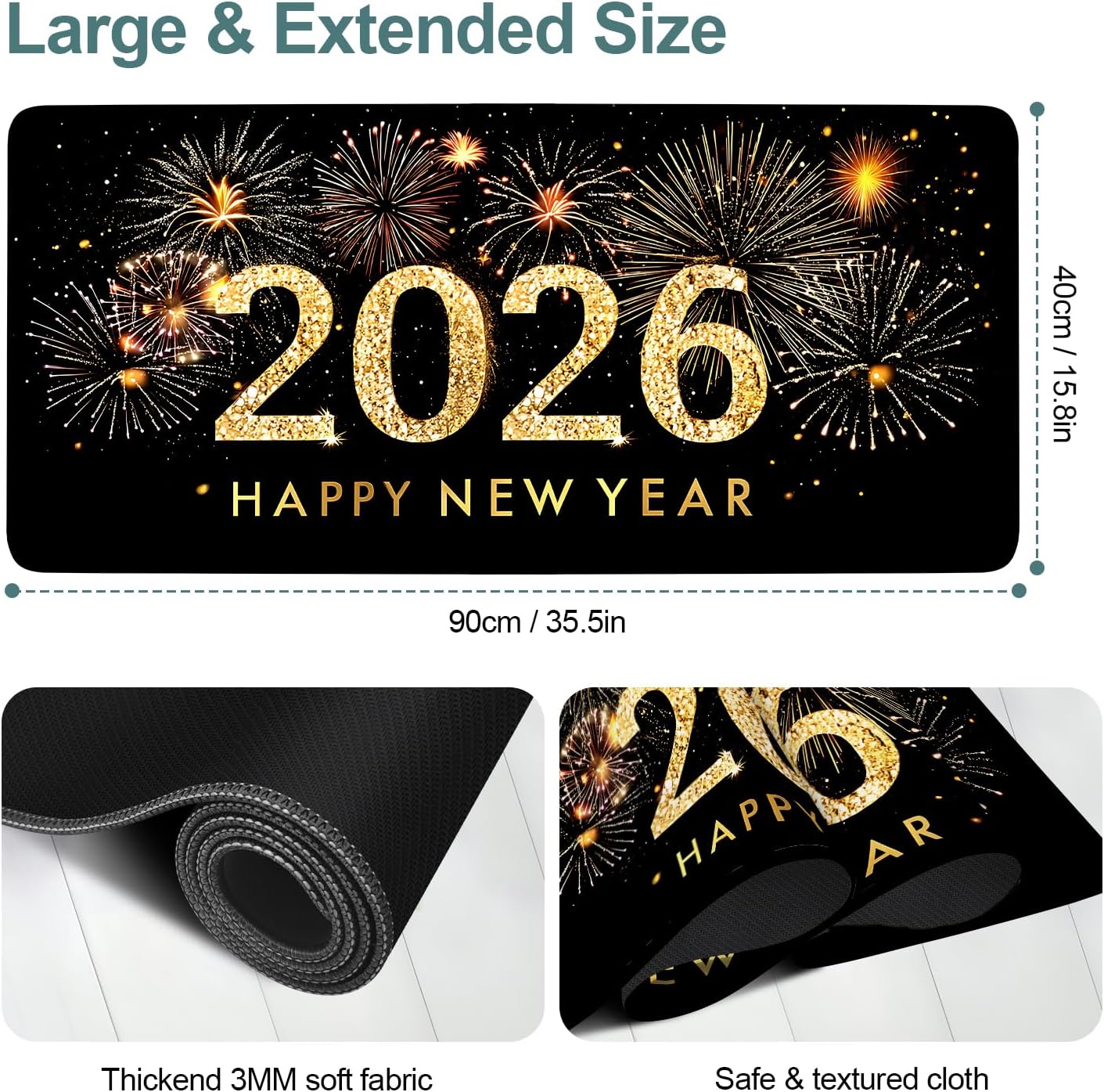 2026 Happy New Year Gaming Mouse Pad 35.4"x15.7"Desk Mat Anti-Slip Rubber Base & Durable Stitched Edges for Gamers Smooth Mouse Writing Surface for Desk Office/Home