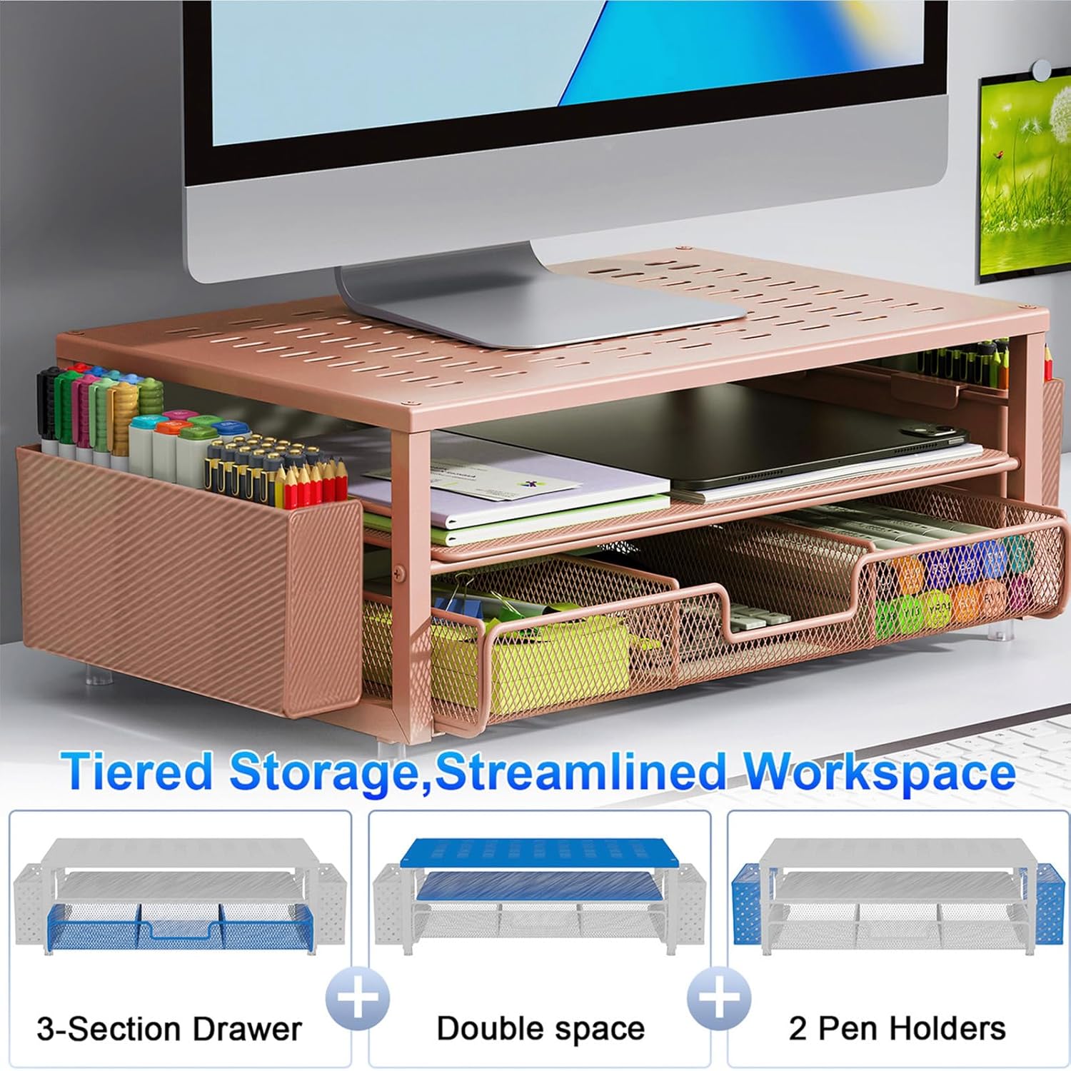 gianotter Desk Organizers and Accessories, Monitor Stand with Drawer and 2 Pen Holder, Desktop Organizer Suitable for Offices and Dormitories (Rose Gold)