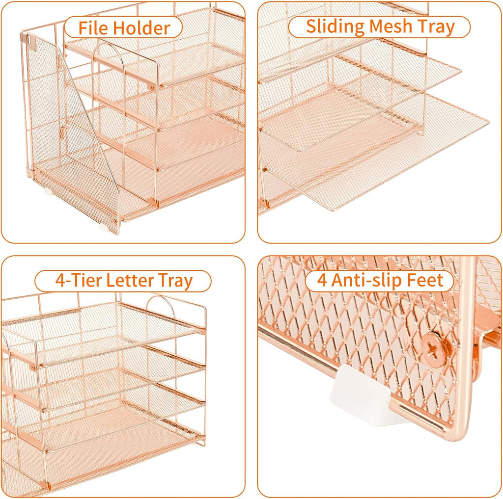 OPNICE 4-Tier Paper Organizer with Magazine Holder, Desk Organizers and Accessories, Office Desk Accessories & Workspace Organizers, Desktop File Organizer for Office Supplies Storage, Rose Gold