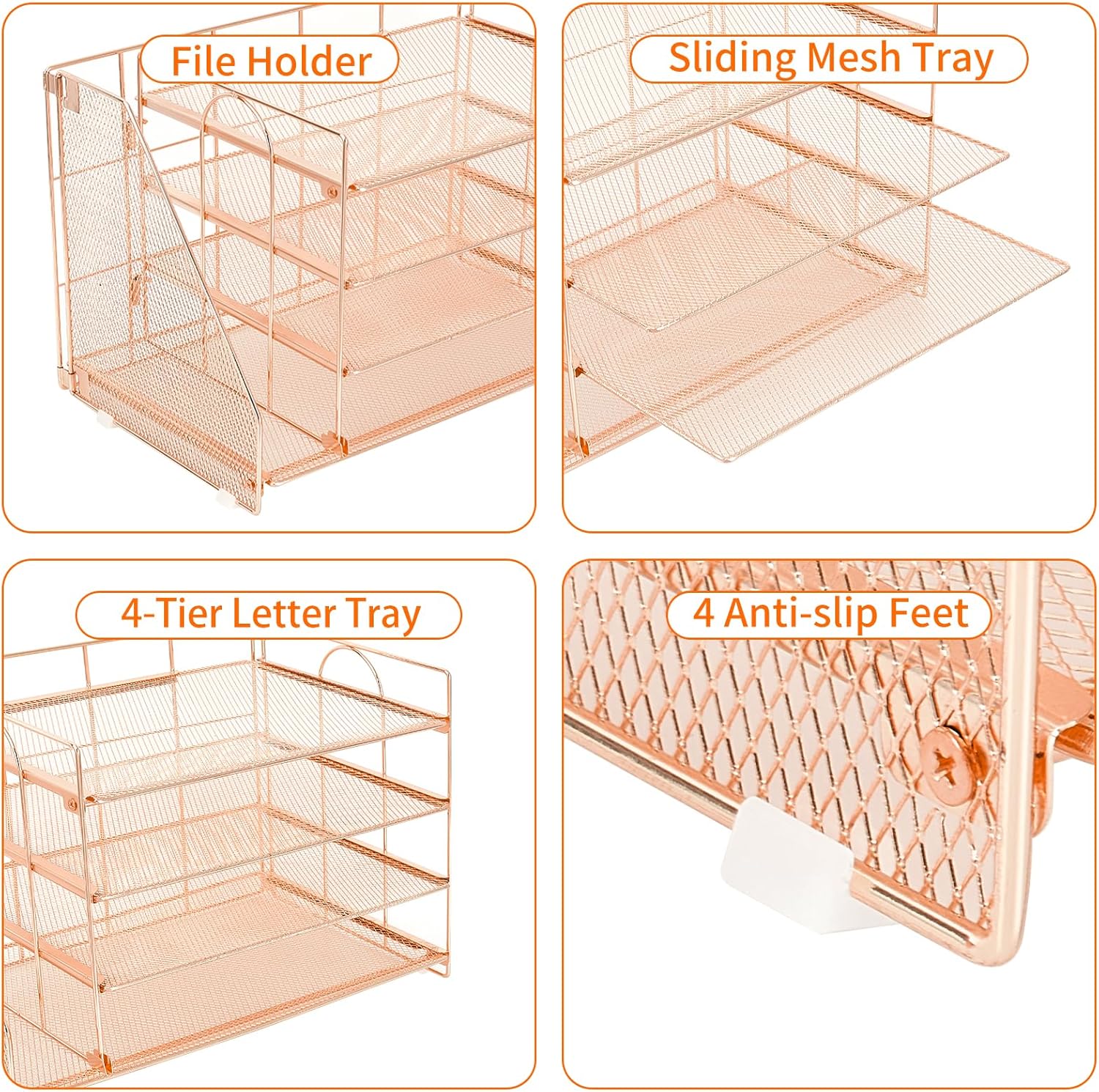 OPNICE 4-Tier Paper Organizer with Magazine Holder, Desk Organizers and Accessories, Office Desk Accessories & Workspace Organizers, Desktop File Organizer for Office Supplies Storage, Rose Gold