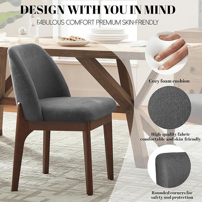 VKNOW Wooden Dining Chairs Set of 2, Upholstered Dining Room Chairs with Rubberwood Legs and Padded Seats, Kitchen Chairs for Restaurant Kitchen Living Room, Grey