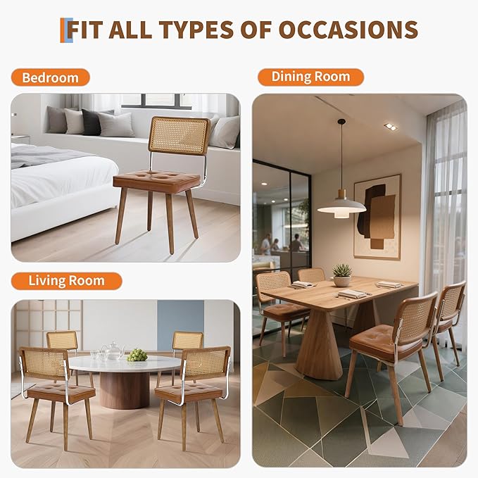 GarveeHome Natural Rattan Dining Chairs Set of 4, PU Upholstered Kitchen Chairs with Tall Cane Backrest and Strong Wood Legs for Dining Room, Kitchen, Restaurant, Brown