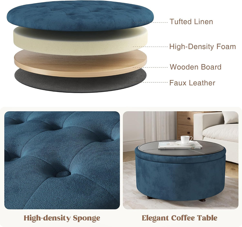 30 Inch Round Storage Ottoman,Modern Blue Tufted Ottomans,Circular Coffee Tab...