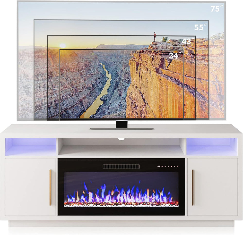 BELLEZE 70" Fireplace TV Stand for TVs Up to 80", LED Light Enterta...