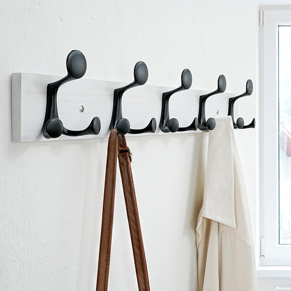 SKOLOO 24-Inch White Wood Coat Rack Wall Mount with 5 Triple Hooks - Ideal fo...