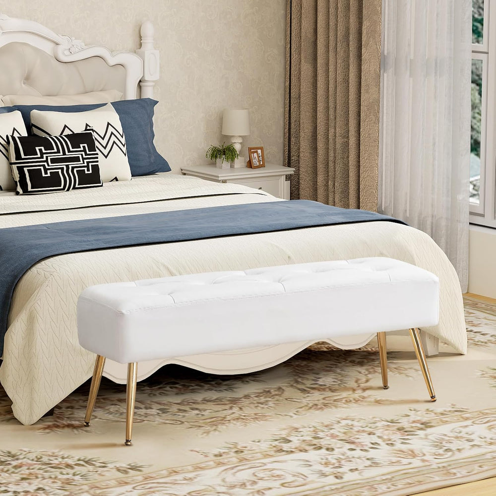 Furnimart Upholstered Tufted White Bench Ottoman with Padded Seat, Footrest F...