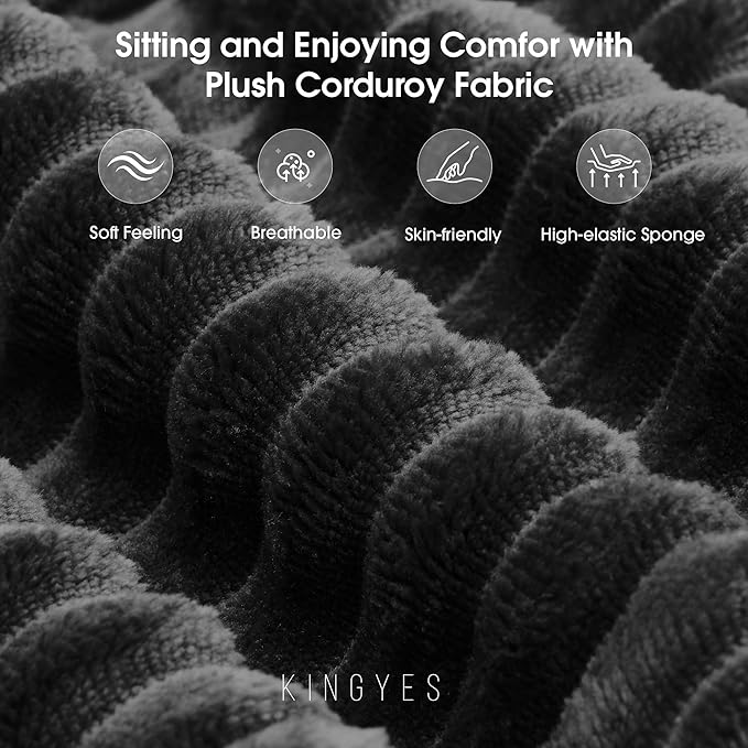 KINGYES Boneless Chaise Lounge Chair for Modular Sectional Sofa, L Shape Corduroy Upholstered Chaise Lounge for Living Room, Black