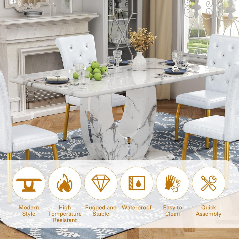 Modern Faux Marble Dining Table Set for 4, 63" White Rectangular Kitchen...
