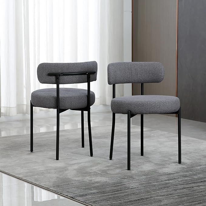 DYHOME Dark Grey Dining Chairs Set of 2, Mid-Century Modern Dining Chairs, Kitchen Dining Room Chairs, Curved Backrest Round Upholstered Boucle Sherpa Dining Chair with Black Metal Legs