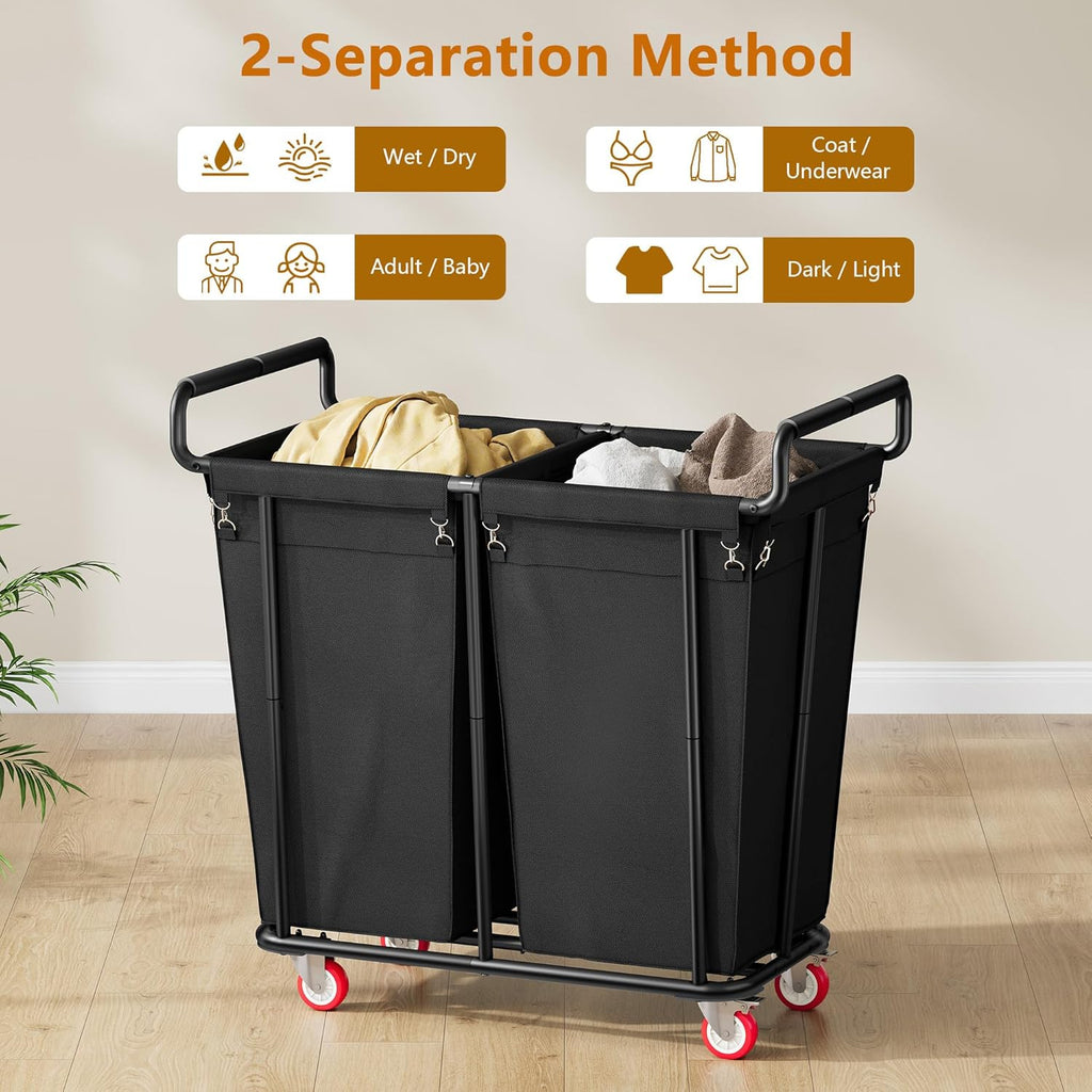 Large laundry hamper with Wheels, 2 Bag 360L Big Rolling Laundry Basket Sorter Cart, Extra Large Laundry Clothes Hamper, Heavy Duty Laundry Basket Organizer for Laundry Room,Bathroom