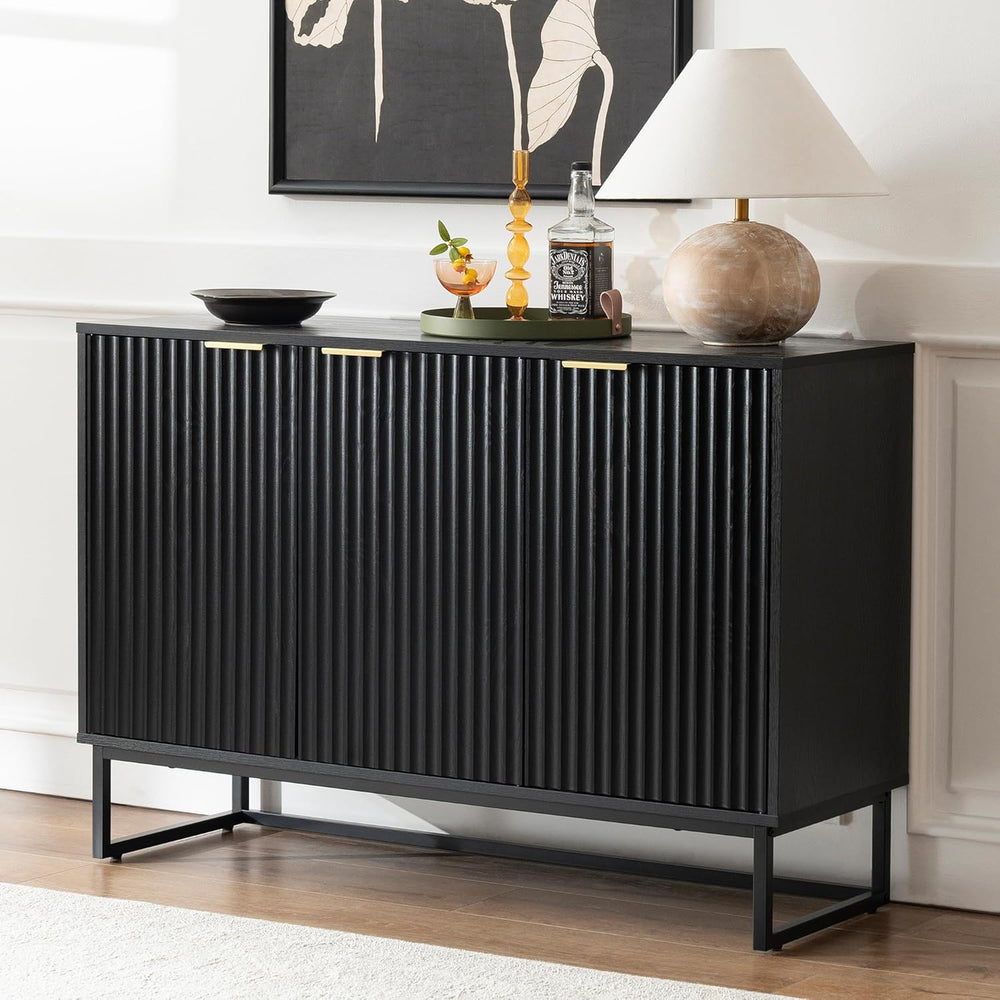 Fluted Storage Cabinet with 3 Doors, Sideboard Buffet Cabinets with Adjustabl...