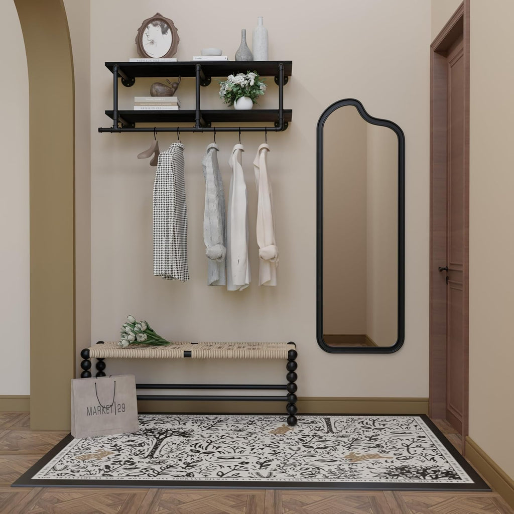 Wall Mounted Clothes Rack 12 Inch Deep, 42in Heavy Duty Garment Rack with Real Black Wood Shelf, Multi-Purpose Hanging Rod & Space-Saving Closet Storage Organizer