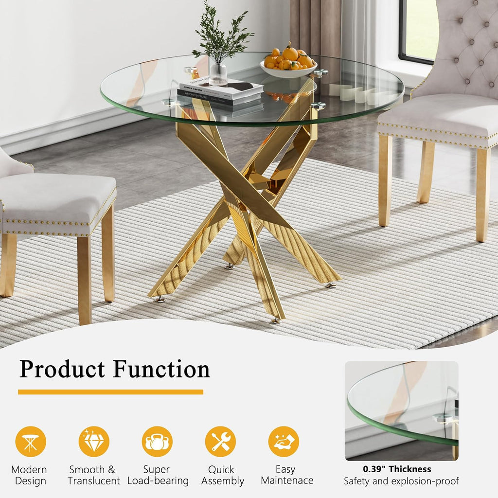 Round Glass Dining Table Set for 2, Small Kitchen Table Set for 2, 35" Round Glass Table & Gold Upholstered Velvet Chairs Set of 2, 3 Piece Round Dining Room Table Set for Breakfast Dinette Cafe