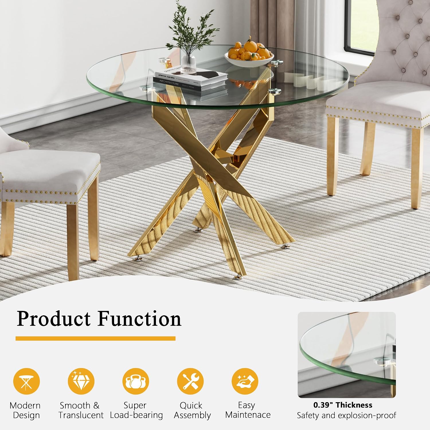 Round Glass Dining Table Set for 2, Small Kitchen Table Set for 2, 35" Round Glass Table & Gold Upholstered Velvet Chairs Set of 2, 3 Piece Round Dining Room Table Set for Breakfast Dinette Cafe