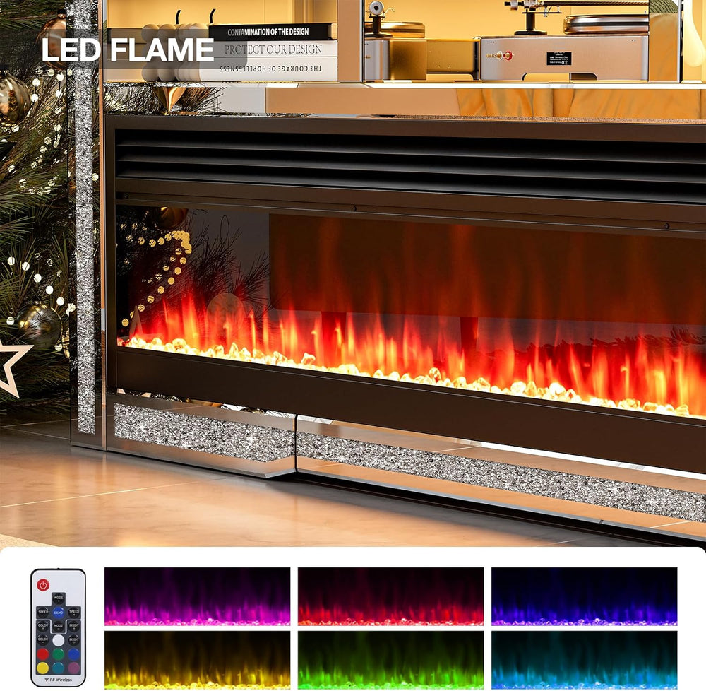 IKIFLY Mirrored Fireplace TV Stand for 65+ inch TV, Silver TV Console Table w...