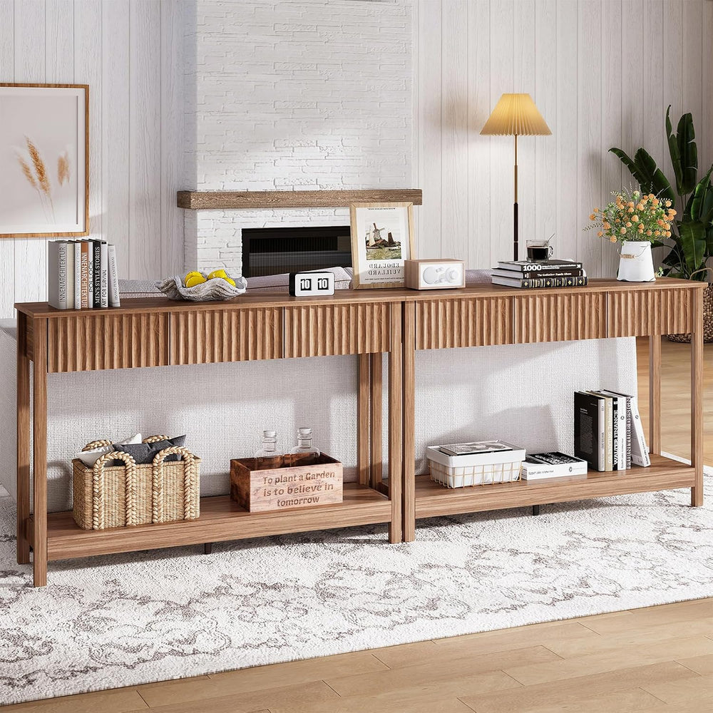 Treocho 47" Fluted Console Table with 3 Drawers and Storage Shelf | Narr...