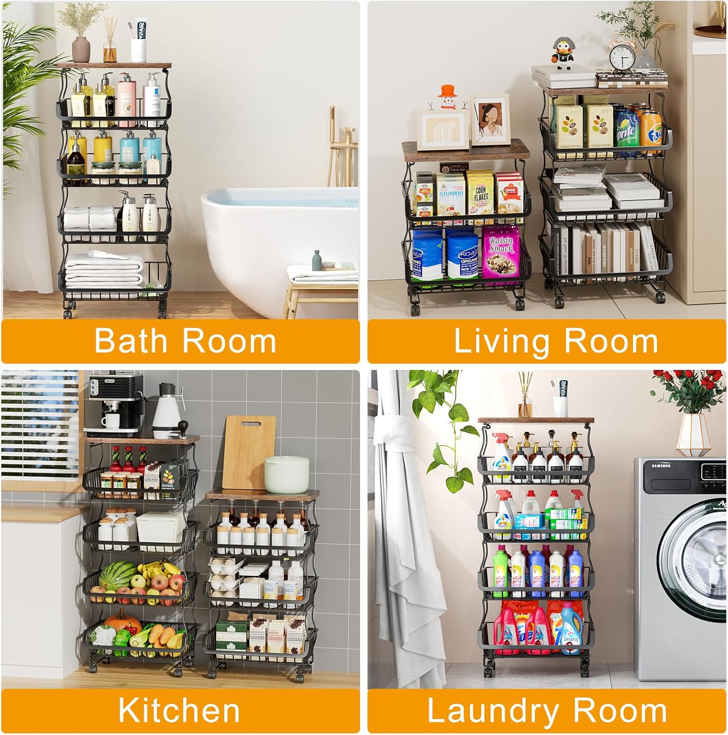 Gsiekare Fruit Vegetable Basket for Kitchen, 5 Tier Stackable Fruit Vegetable Storage Baskets with Wheels, Metal Wire Storage Basket Organizer Baskets for Kitchen, Pantry, Bathroom