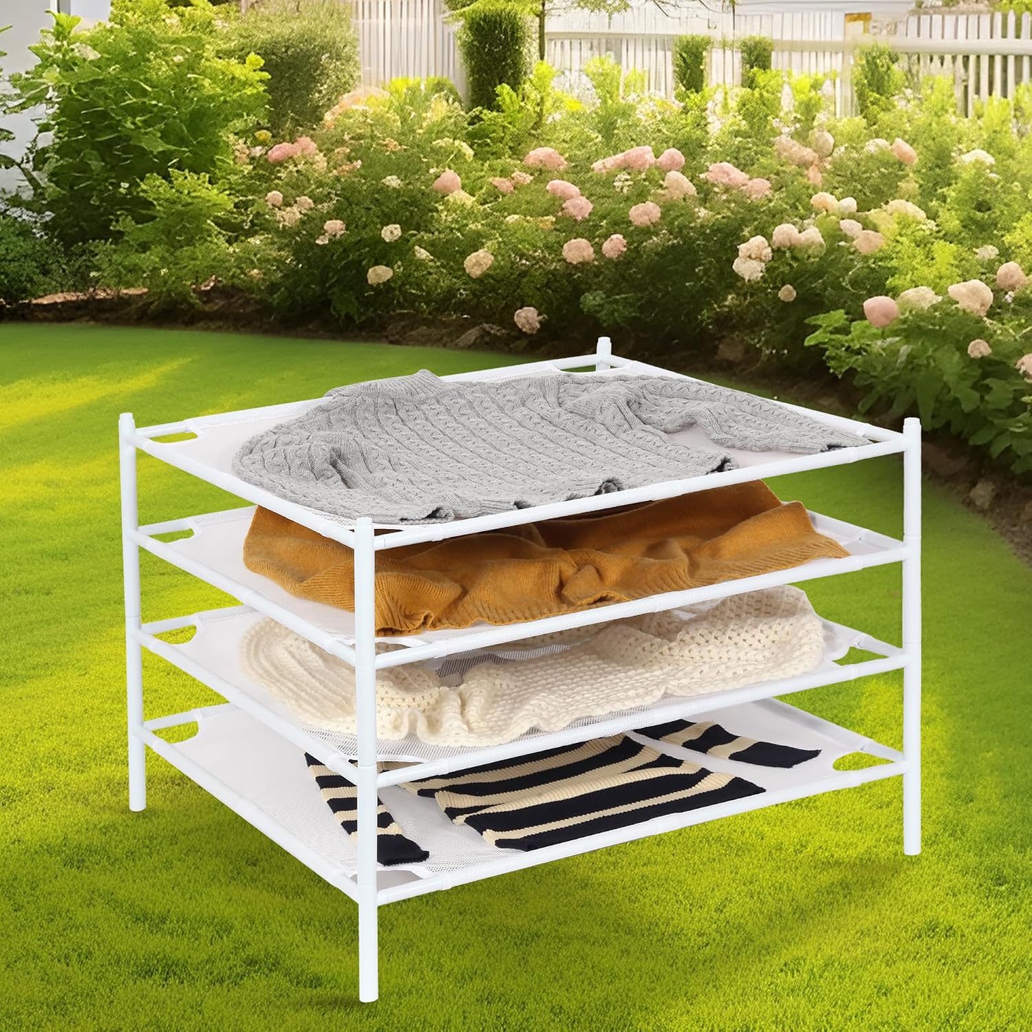 STORAGE MANIAC Sweater Drying Rack, Mesh Clothes Drying Rack, Stackable Laundry Drying Rack, Lay Flat Dryer for Delicates, Portable Dry Rack for Indoor or Outdoor, White, 4-Pack