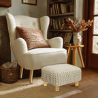 COTTON CRAFT Braided Footrest - Handknitted Dori Foot Stool with Sturdy Wood Legs – Handmade Boho Leg Rest - Small Spaces Under Desk Living Room Entryway Low Footstool Pouf - 16.5x12x9.5 - Ivory