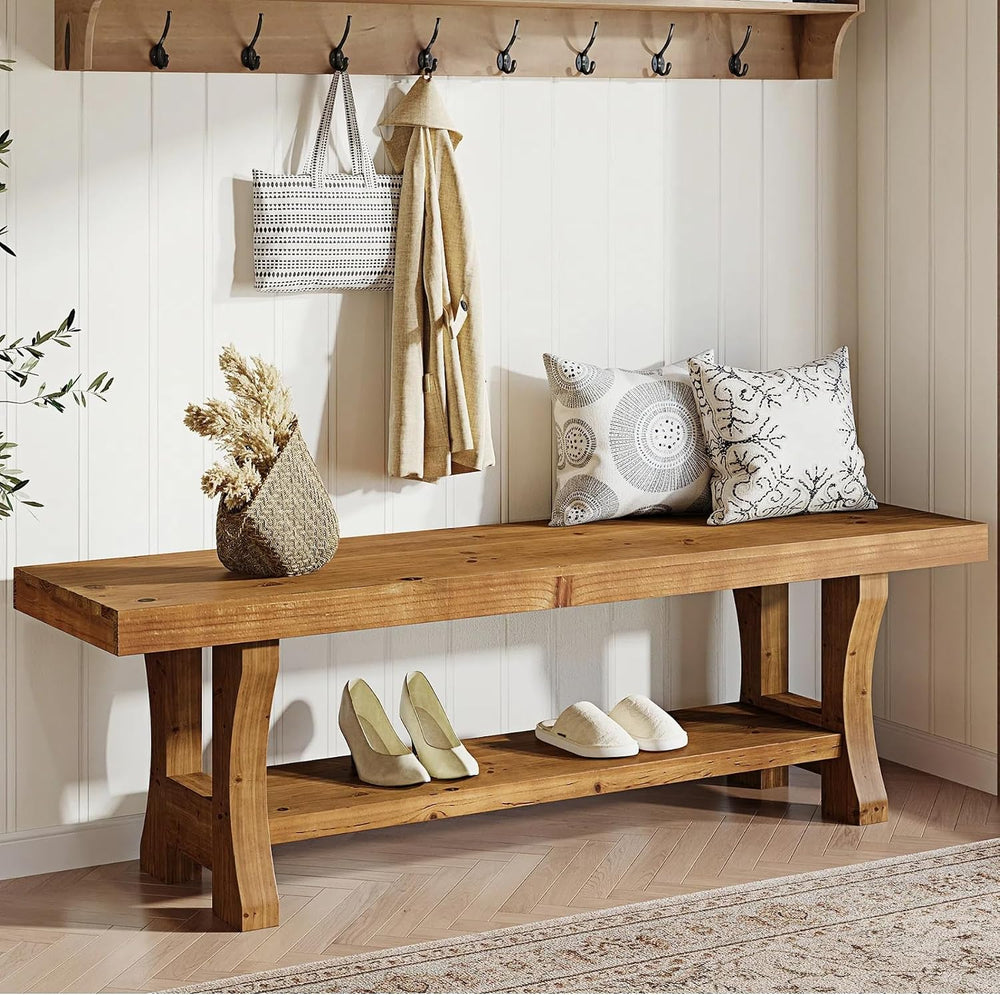 Solid Wood Entryway Bench, 55" End of Bed Bench, Long Indoor Dining Seat...