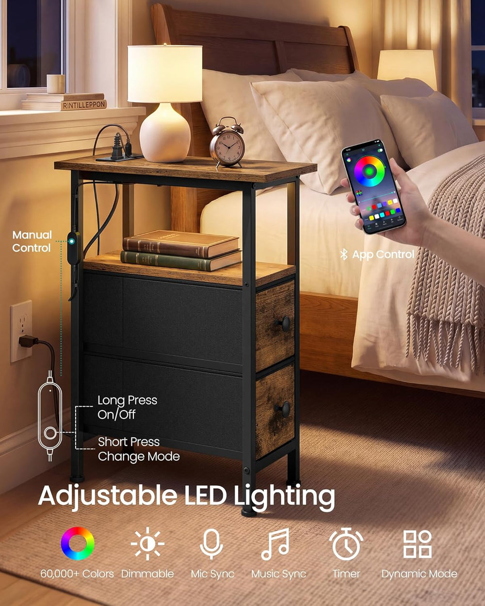 SONGMICS Side Table, Nightstand with Charging Station, End Table with LED Lig...