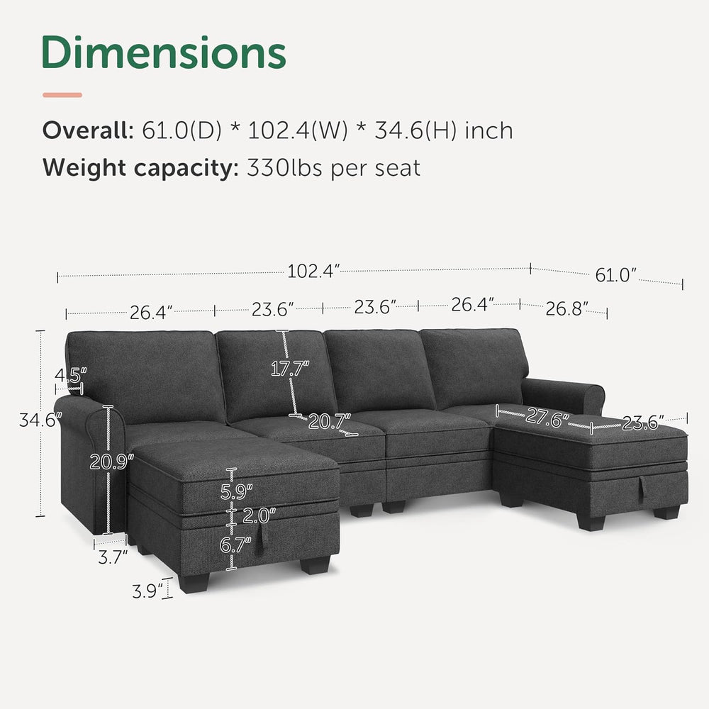 HONBAY Sectional Sofa with Storage Seat U Shaped Couch with Reversible Chaise...