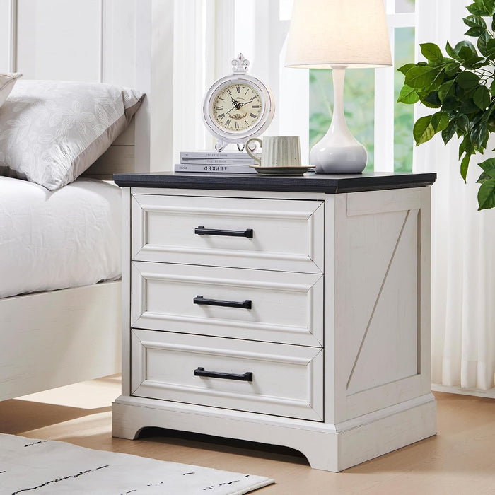 ACCOHOHO 22" Farmhouse Nightstands Set of 2 with 3 Drawers, Off White | Charging Station, Metal Handles, X-brace Side Panels, Arched Foot Base, Modern End Table, for Bedroom, Living Room