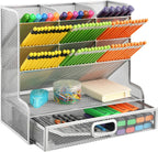Marbrasse Larger Mesh Desk Organizer with Drawer, Multi-Functional Pen Pencil Holder, Desk Organizers and Accessories for Office Art Supplies (Silver Mesh Pen Holder with Drawer)