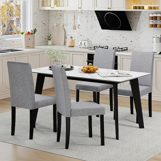 Giantex Upholstered Dining Chair Set of 4, Mid Century Modern Fabric Kitchen Chairs with Rubber Wood Legs, Thick Padded Seat, High Back, Side Armless Chairs for Living Dining Room (Gray)